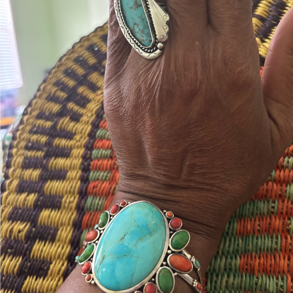 Blue and Orange Statement Cuff Bracelet with Turquoise/wt turquoise ring - Picture 4 of 11